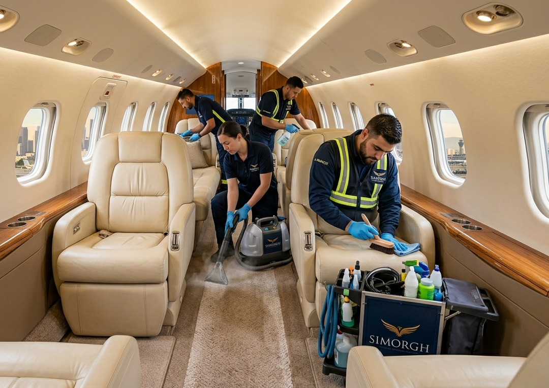 Private Jet & Aircraft Cleaning At Simorgh Service Group, we provide comprehensive and professional aircraft cleaning solutions in compliance with the highest aviation industry standards.